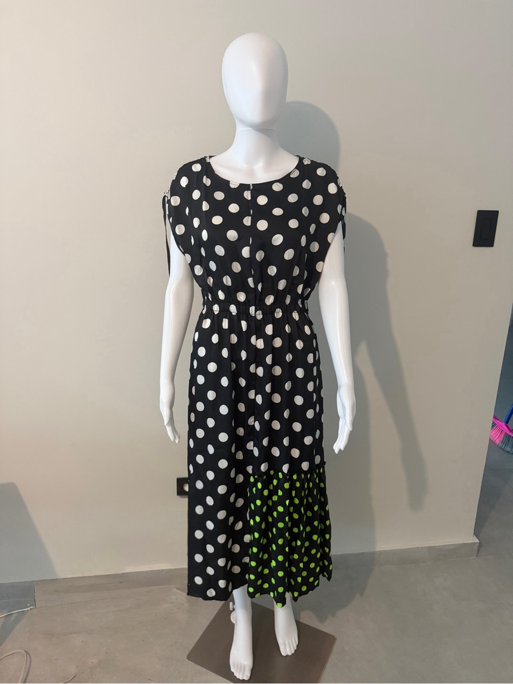 Topshop Black & White Polka Dot Maxi Dress with Green Accent